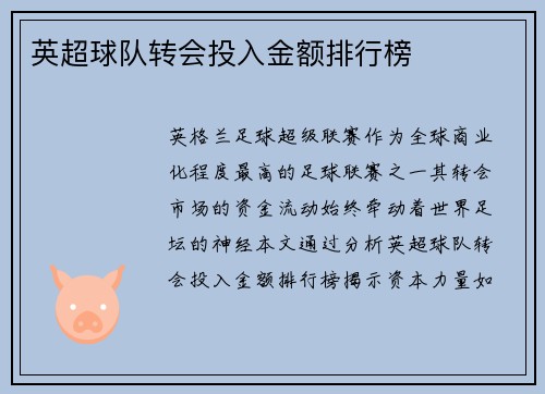 英超球队转会投入金额排行榜